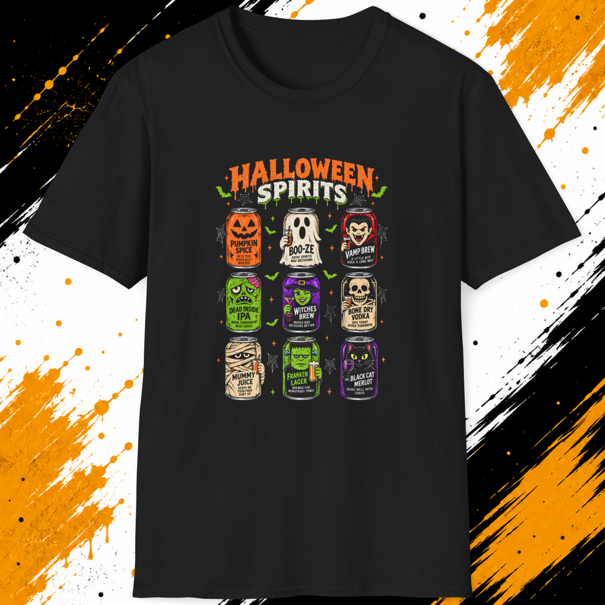 Halloween Spirits T-Shirt – Funny Spooky Drink Cans Graphic Tee
