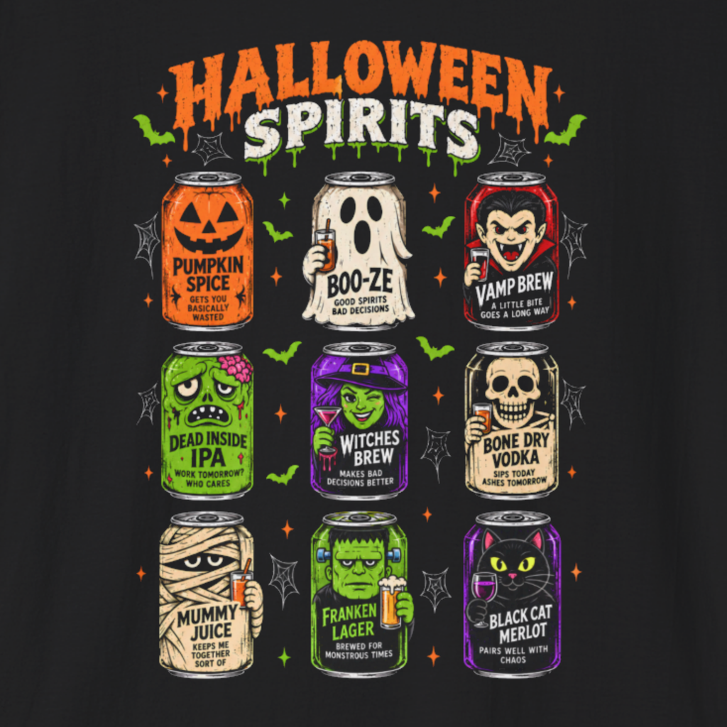 Halloween Spirits T-Shirt – Funny Spooky Drink Cans Graphic Tee