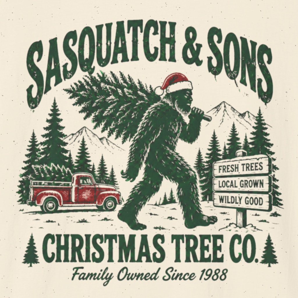 Sasquatch & Sons Christmas Tree Co. T-Shirt – Funny Bigfoot Christmas Shirt