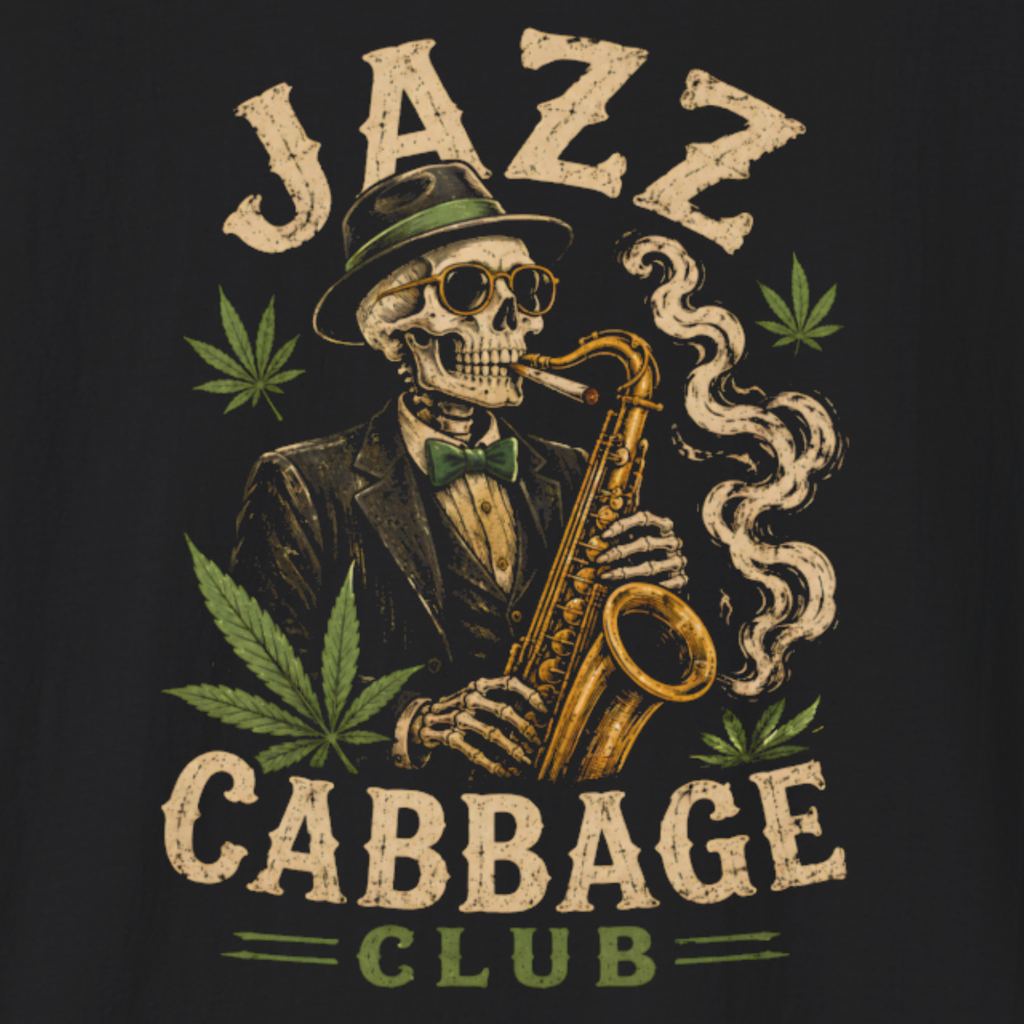 Jazz Cabbage Club T-Shirt | Funny Skeleton Saxophone Weed Shirt