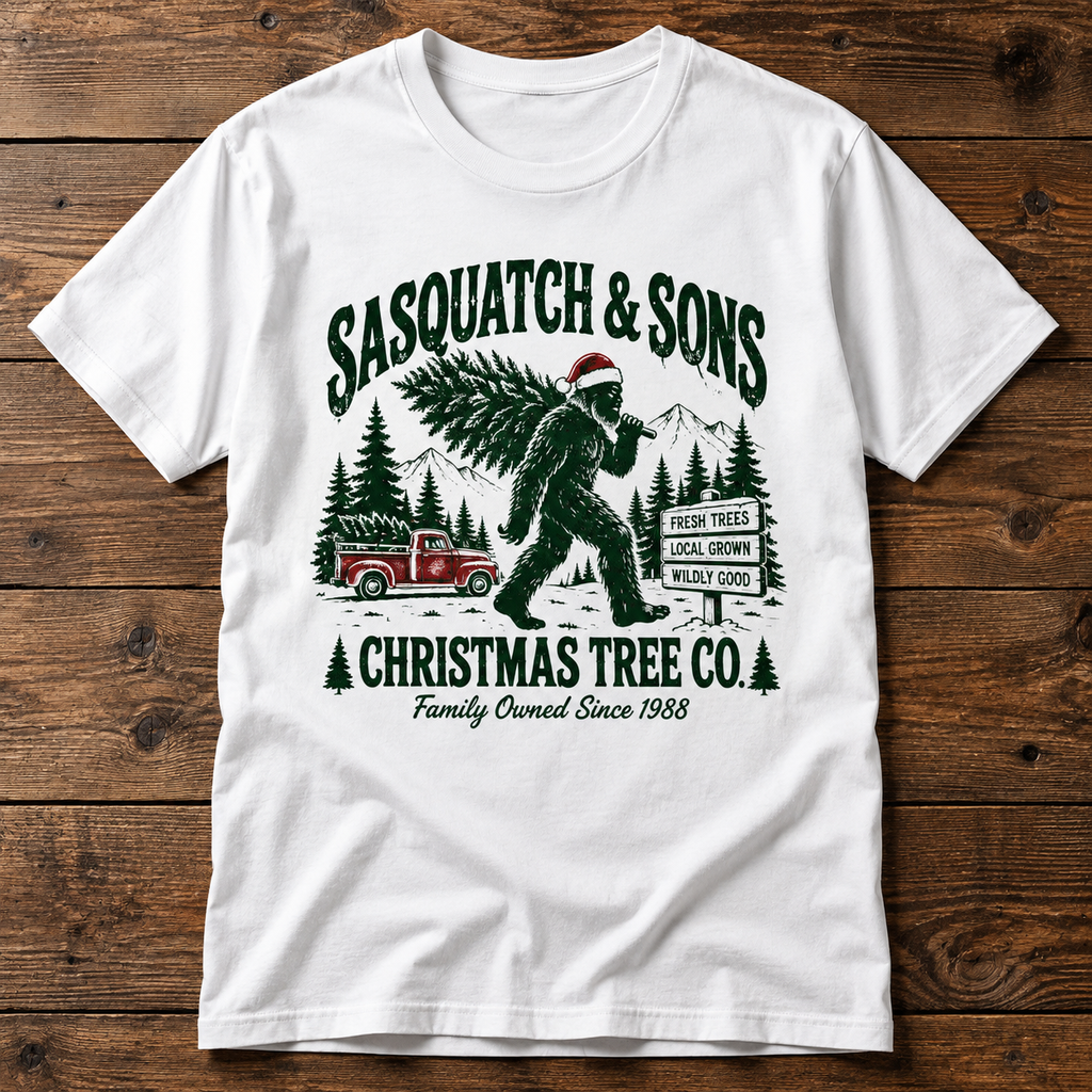 Sasquatch & Sons Christmas Tree Co. T-Shirt – Funny Bigfoot Christmas Shirt
