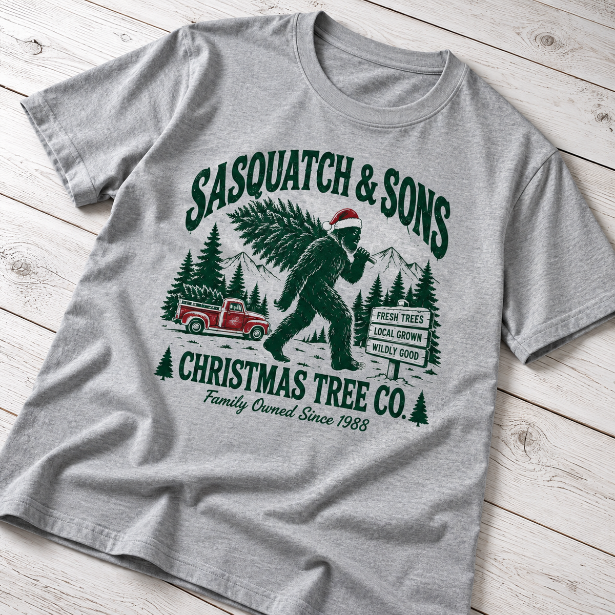 Sasquatch & Sons Christmas Tree Co. T-Shirt – Funny Bigfoot Christmas Shirt