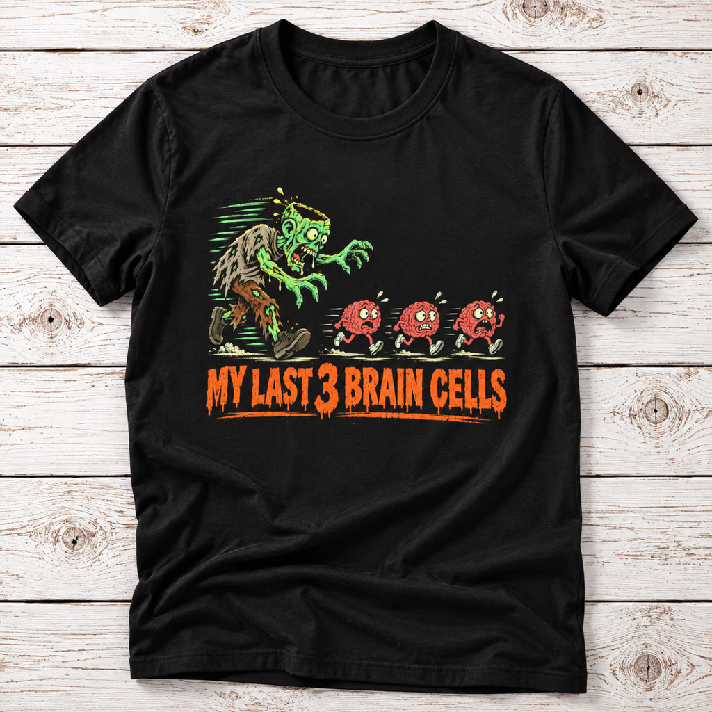 My Last 3 Brain Cells Halloween T-Shirt – Funny Zombie Graphic Tee