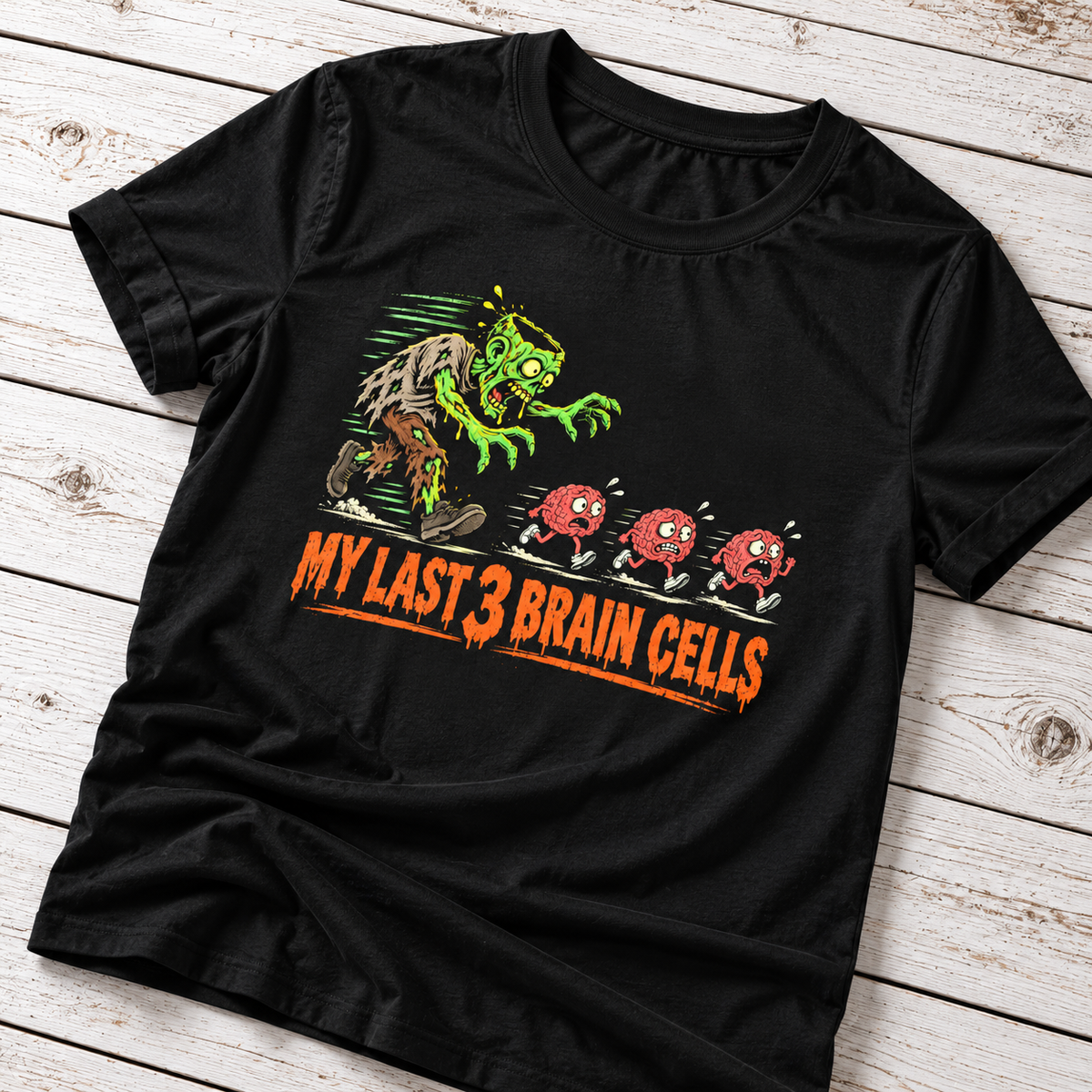 My Last 3 Brain Cells Halloween T-Shirt – Funny Zombie Graphic Tee