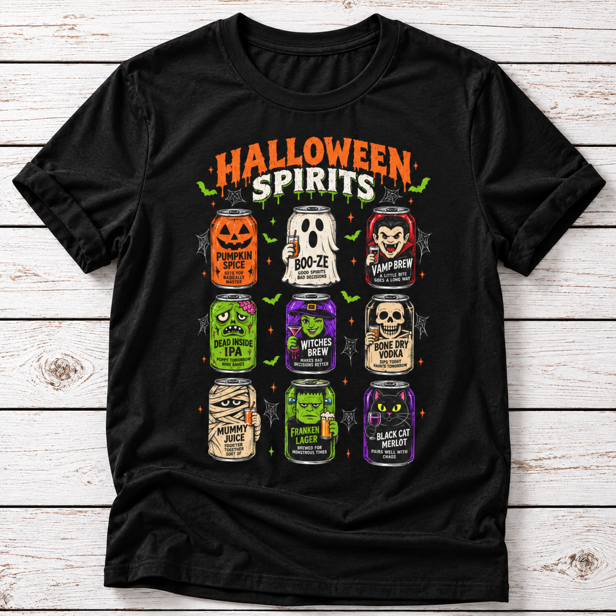 Halloween Spirits T-Shirt – Funny Spooky Drink Cans Graphic Tee