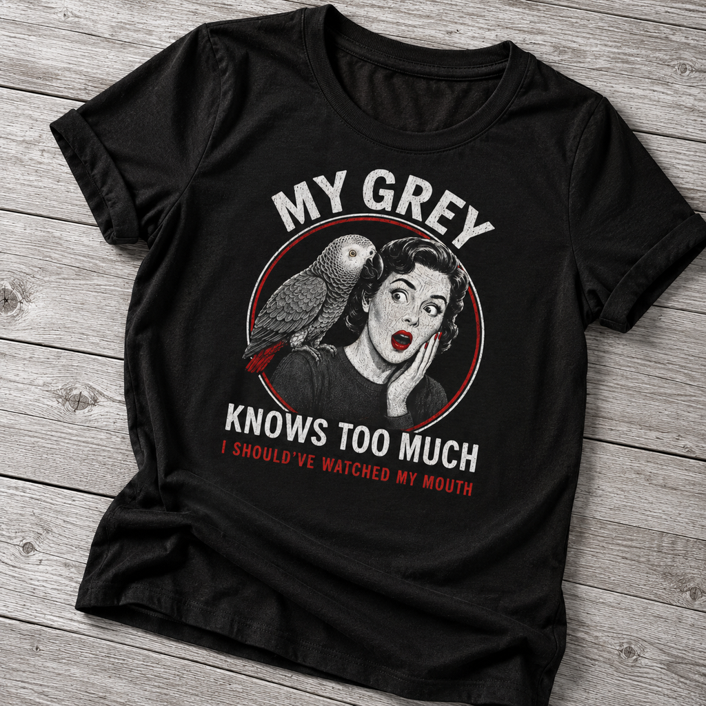My Grey Knows Too Much T-Shirt – Funny African Grey Parrot Owner Tee