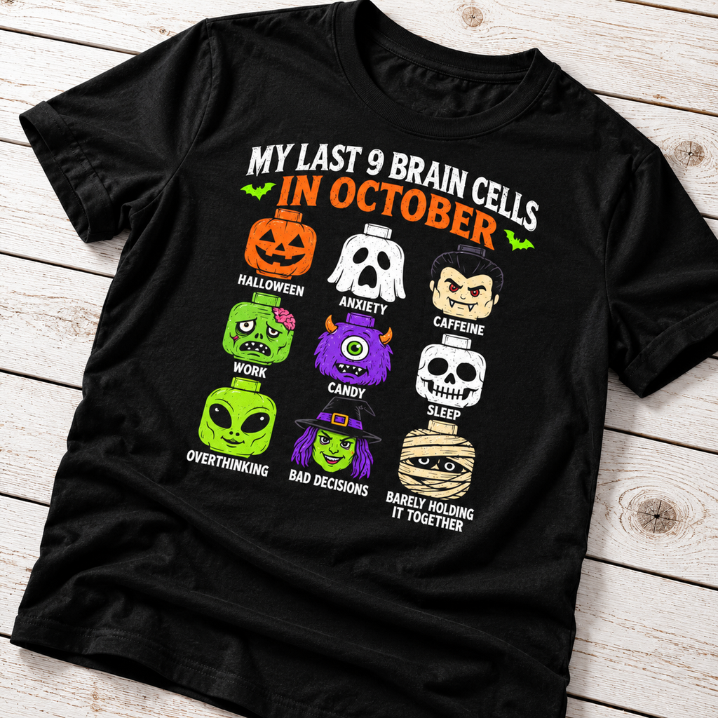 My Last 9 Brain Cells in October T-Shirt – Funny Halloween Tee