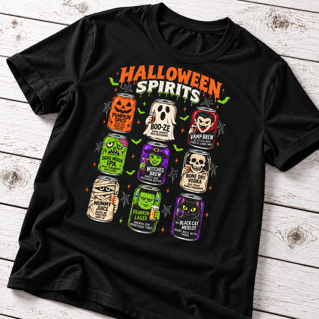 Halloween Spirits T-Shirt – Funny Spooky Drink Cans Graphic Tee