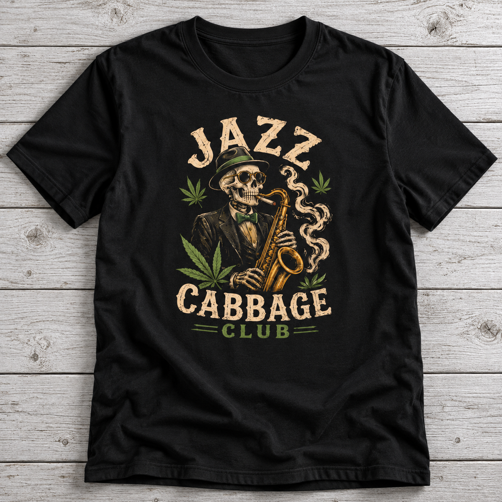 Jazz Cabbage Club T-Shirt | Funny Skeleton Saxophone Weed Shirt