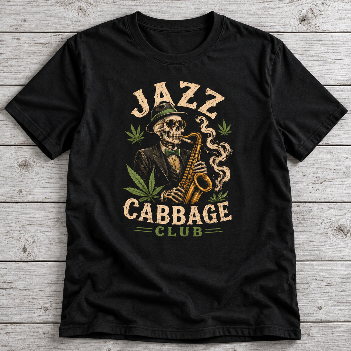 Jazz Cabbage Club T-Shirt | Funny Skeleton Saxophone Weed Shirt