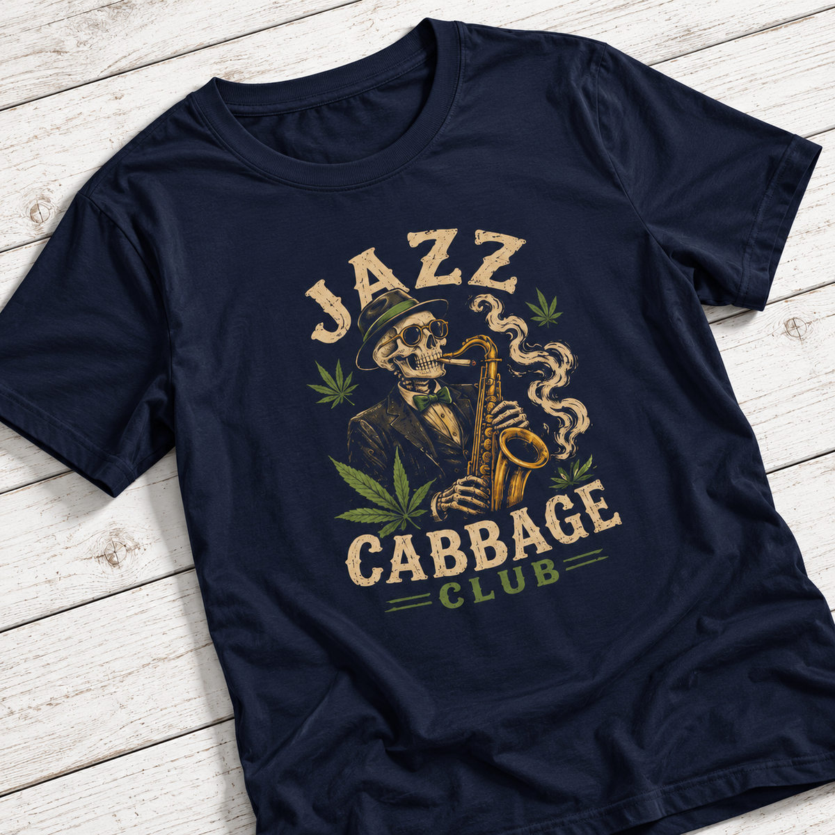 Jazz Cabbage Club T-Shirt | Funny Skeleton Saxophone Weed Shirt
